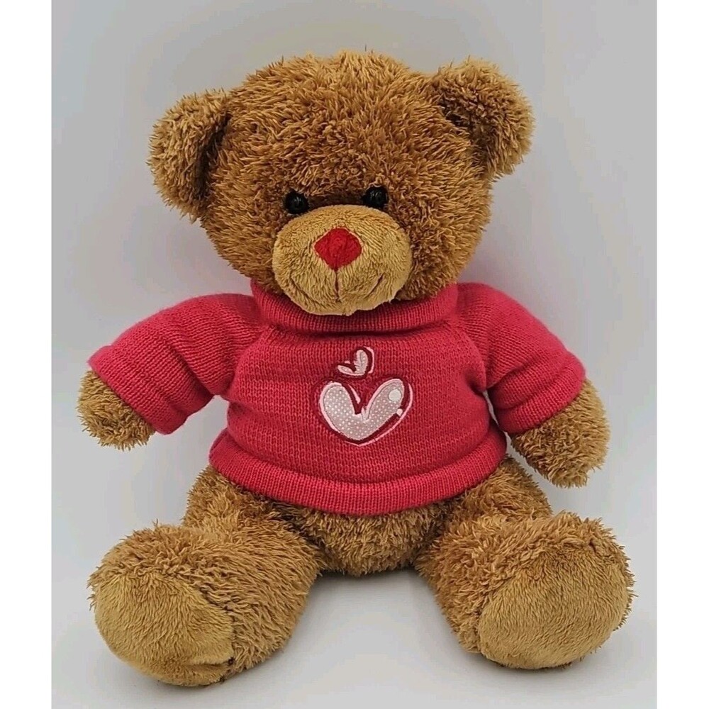 Caltoy Teddy Bear Brown Plush Red Sweater With Hearts 12" Stuffed Animal 2000